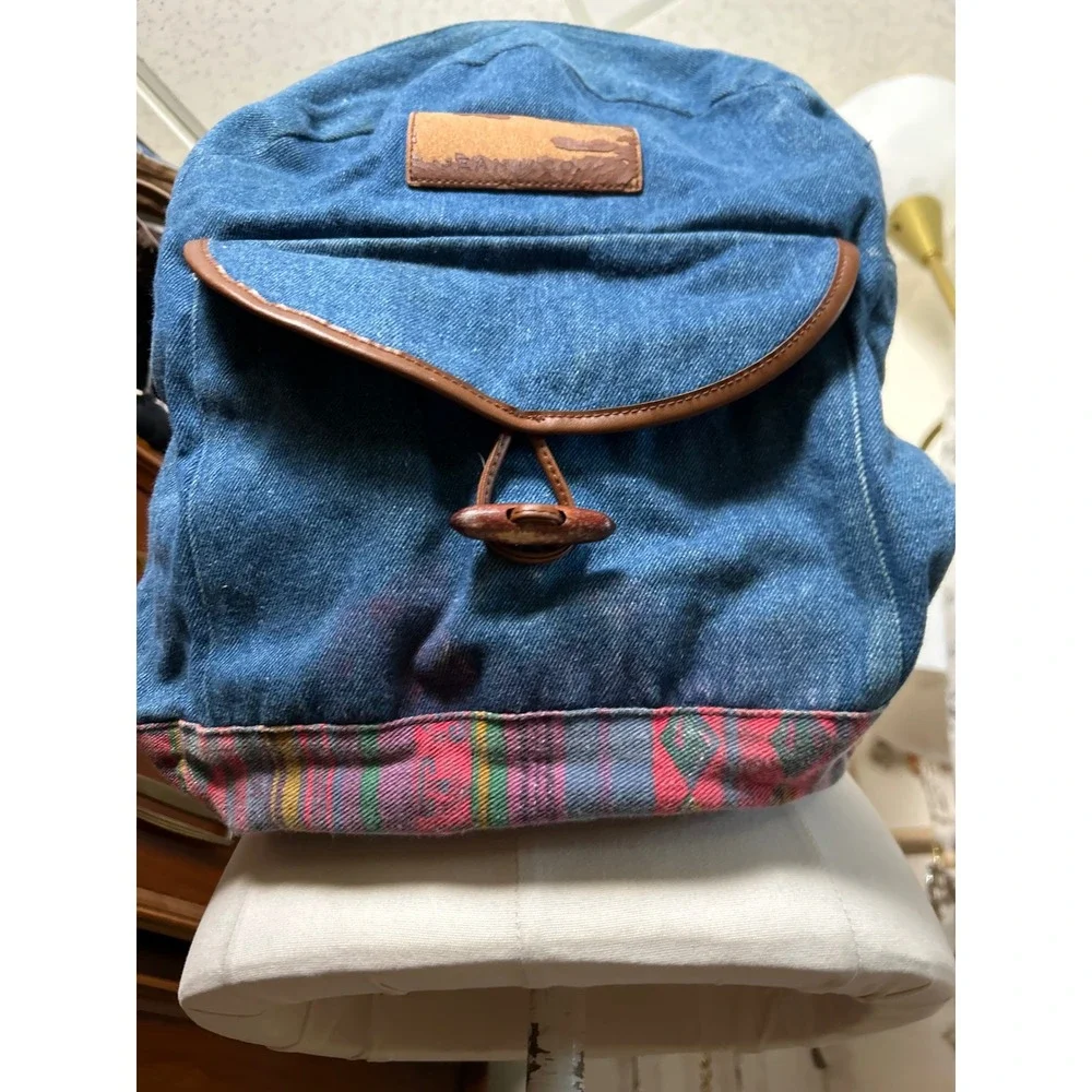 Vintage Denim‎ Backpack Blue Western Aztec Boho Wood Toggle Faux Leather Trim
